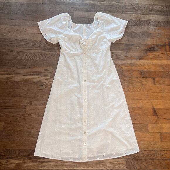 Madewell Eyelet Tie Front Midi Dress White Cotton Short Sleeve Size 4 Boho Bride - Picture 4 of 16